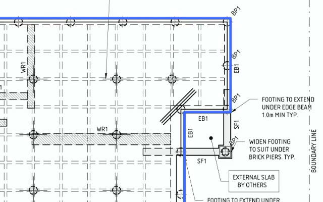 An edge beam traced in blue along the slab plan as Joyne measures it, past the footing notes