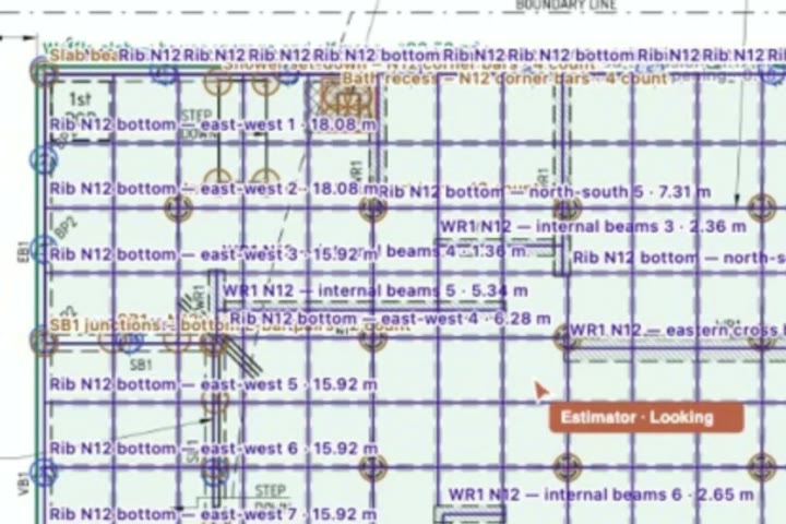 Rib bars traced on a slab plan, each run labelled with its bar size and length