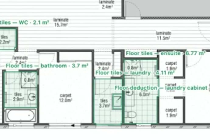Bathroom, ensuite and laundry floors shaded on a floor plan, each labelled with its tiled area